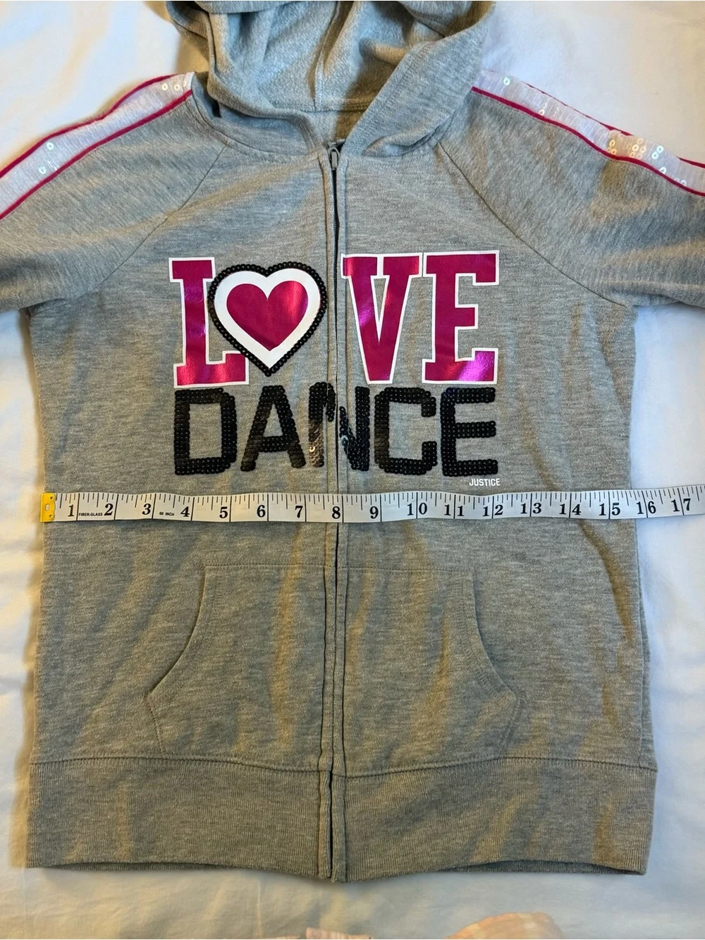 2013 Justice zip up hoodie with pink and black 'LOVE DANCE' graphic size 12